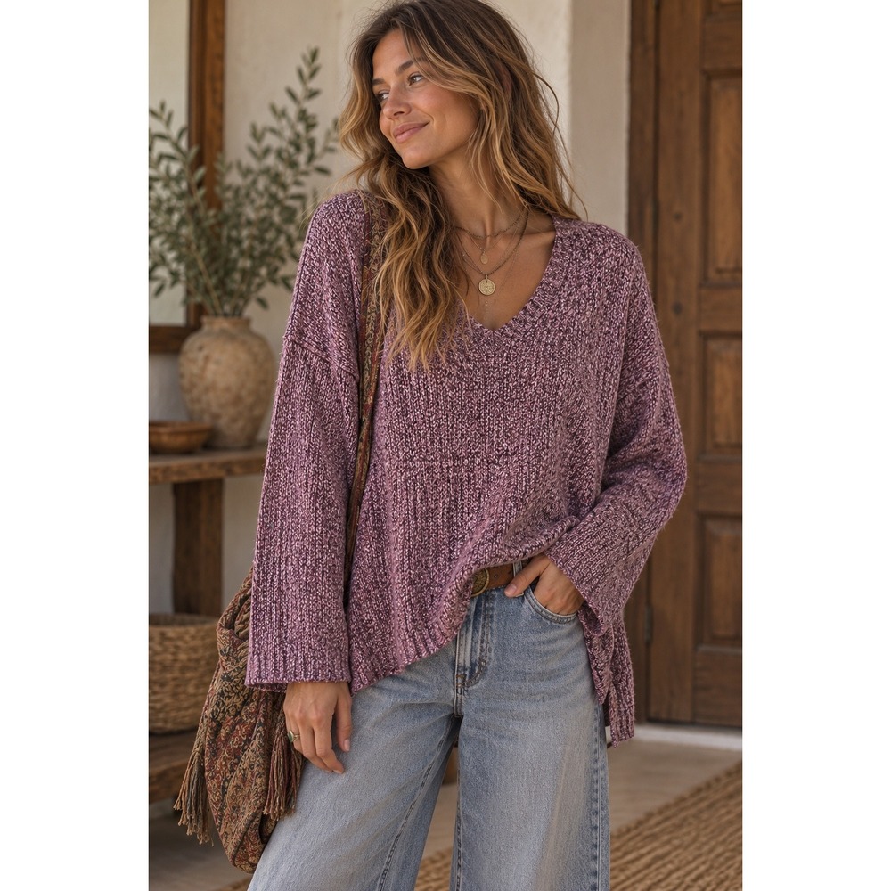 Free People Marled V-Neck Oversized Pullover Sweater Purple Size Small
